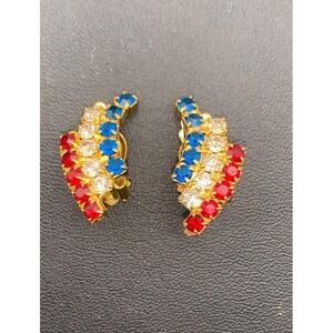 Vintage Gold Tone Prong Set Red White & Blue Rhinestone Sparkle Clip On Earrings